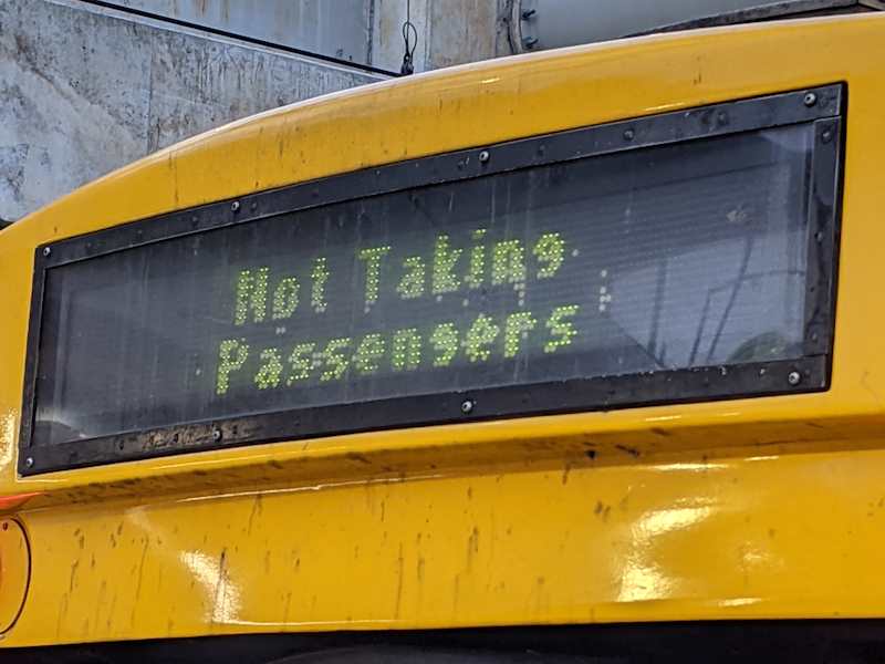 Flip-Dot display on front of Comeng EDi train saying "Not Taking Passengers" in a small and squished font