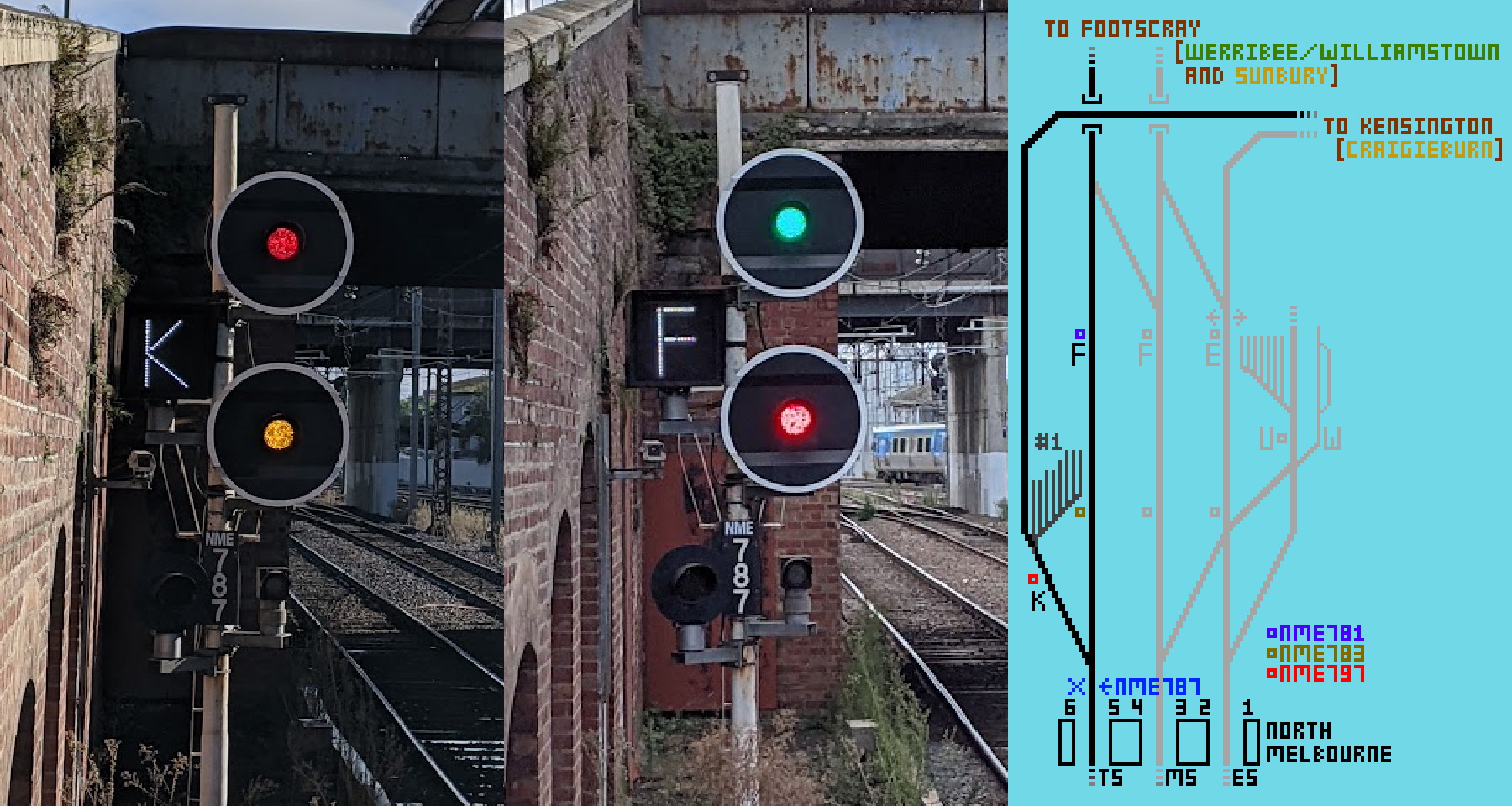 Two photos of Signal NME567 showing 'K', and 'F' white letters.
